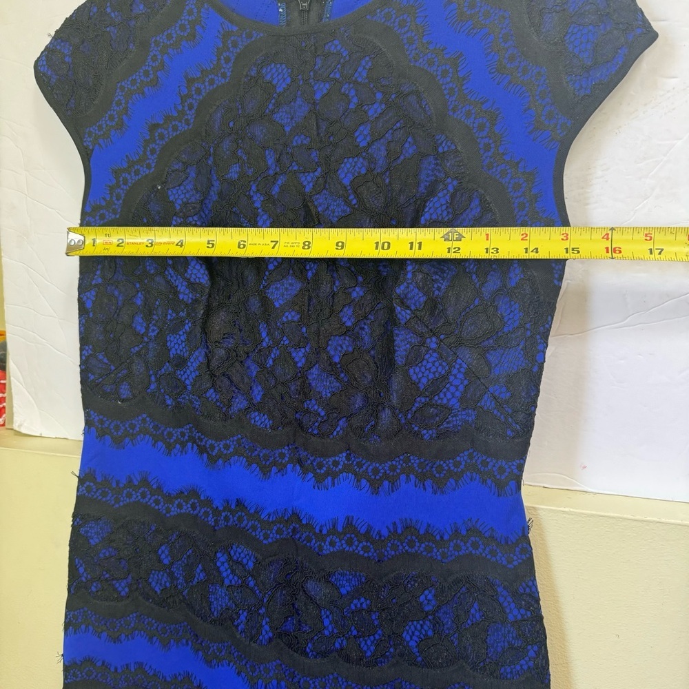 Tadashi Shoji Lace Cocktail Dress Short Sleeve Sheath Pencil Skirt Color Block 2 - Picture 14 of 16